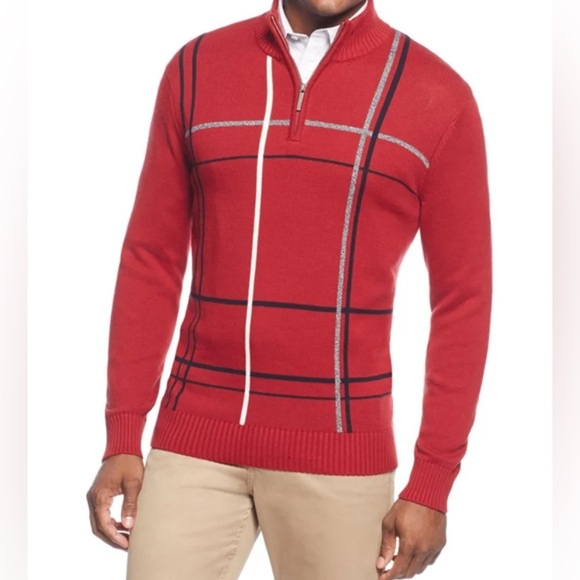 GEOFFREY BEENE~  Men’s Quarter-Zip Red Plaid Pullover Sweater - Picture 1 of 9